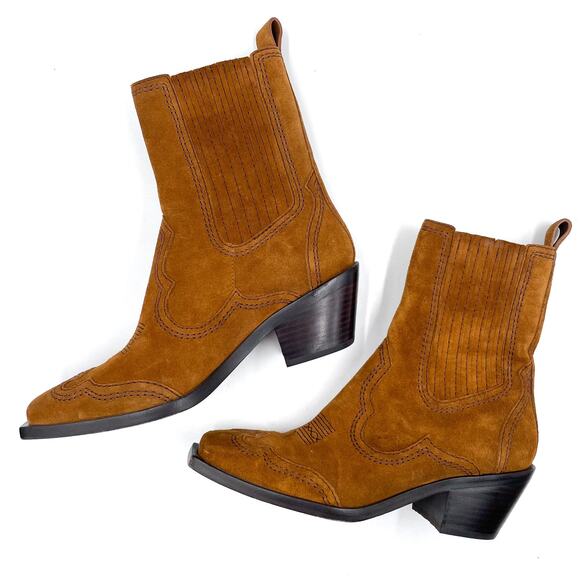 Loeffler Randall Agnes Western Boots Brown Suede Square Toe Block Heel Sz 9 - Picture 5 of 8